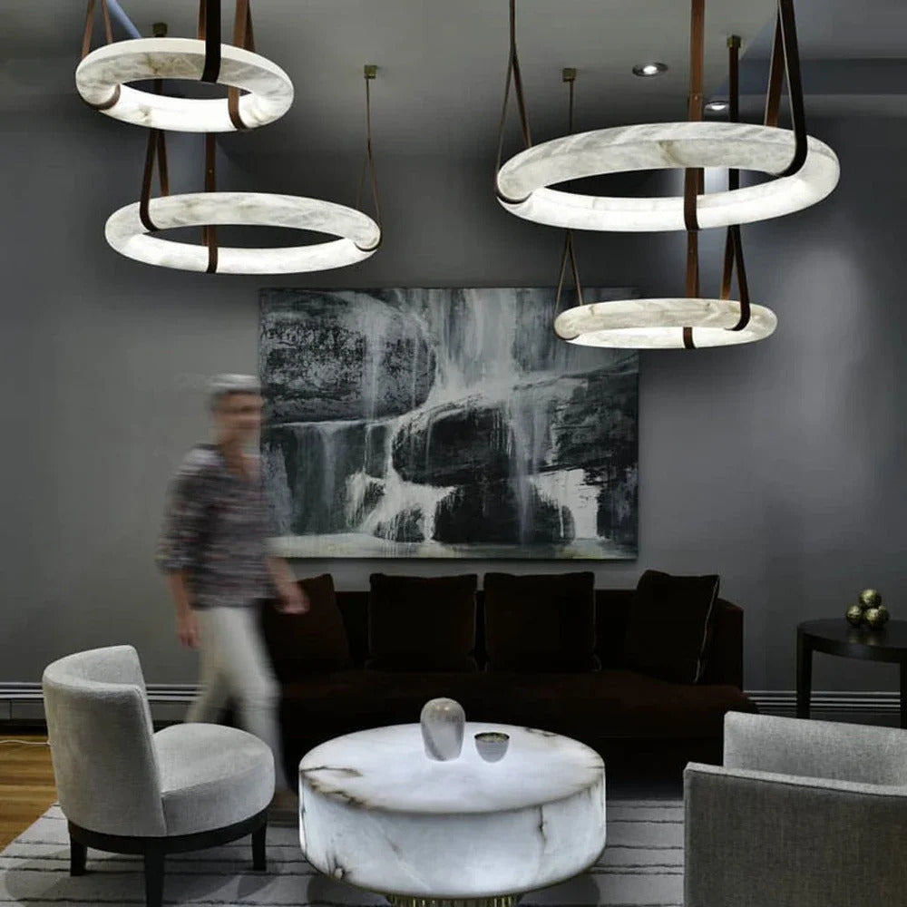Hot selling high-end living room main light, round all copper leather pendant light, Spanish marble pendant light
