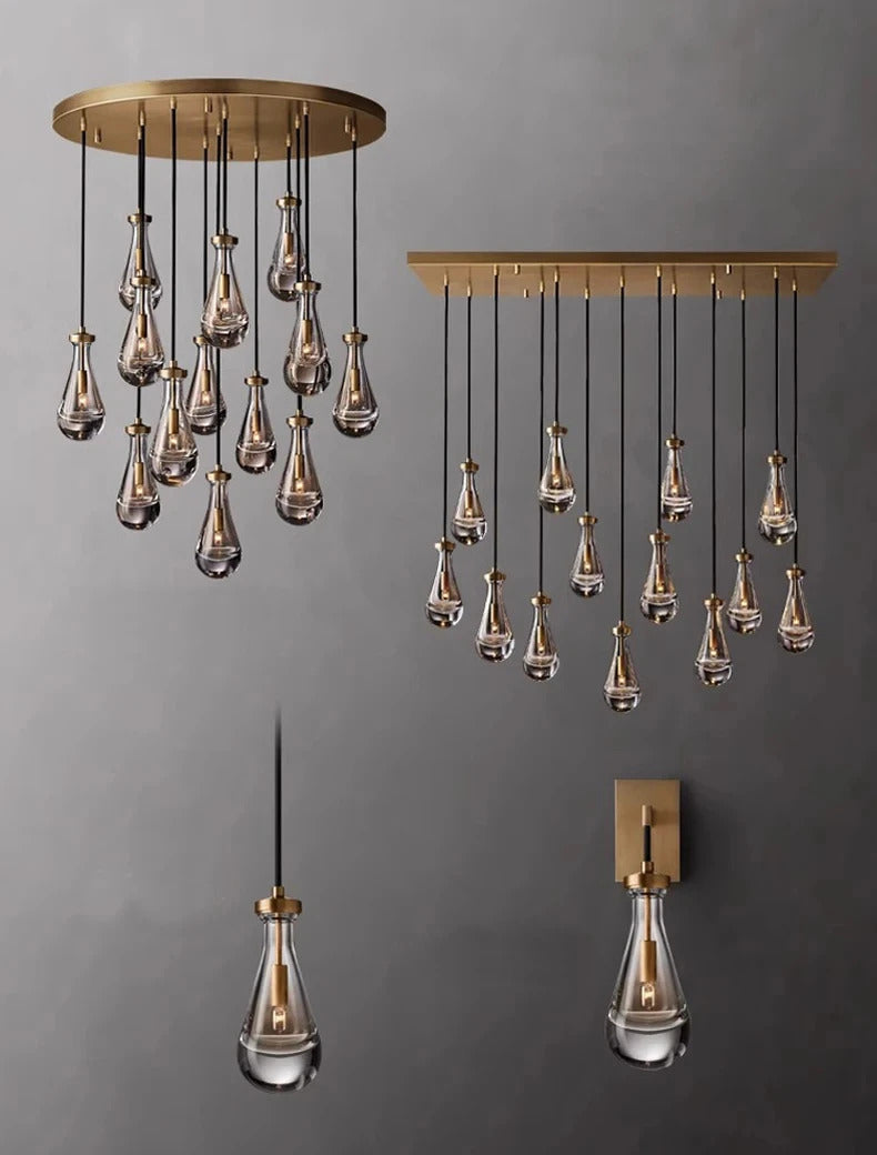 Luxury All Copper LED Pendant Light Modern Water drop Glass chandelier