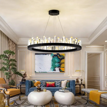 Modern Luxury Crystal Ring chandeliers Round black golden pendant lamp LED hanging light