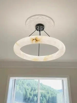 Hot selling high-end living room main light, round all copper leather pendant light, Spanish marble pendant light