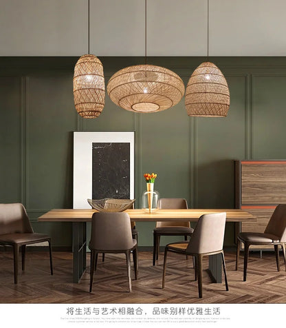 Natural Rattan wicker hanging lamp Chinese Style suspension