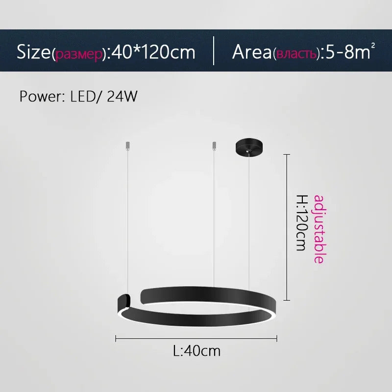 Moderno candeeiro suspenso LED em formato de anel, com intensidade regulável, nas cores dourado e preto, ideal para mesas, salas de jantar, cozinhas e quartos. Design minimalista e elegante. 