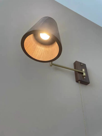 Retro Walnut Ash Wood LED Wall Lamp Copper Bedside Pull Chain Wall Light