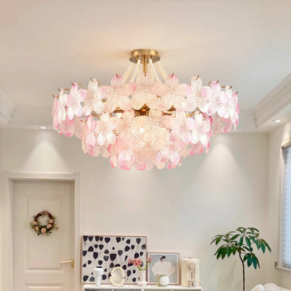French Flower Crystal Chandelier Lamp Luxury Pink Glass Cream Petal Pendant Lights Living Room Bedroom Dining Room lighting