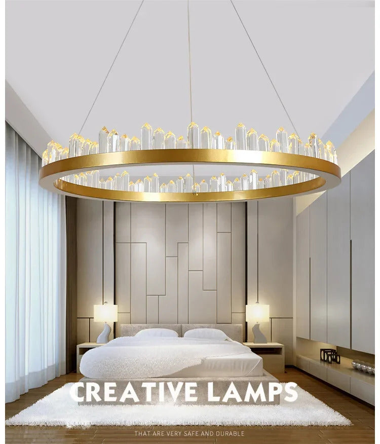 Modern Luxury Crystal Ring chandeliers Round black golden pendant lamp LED hanging light