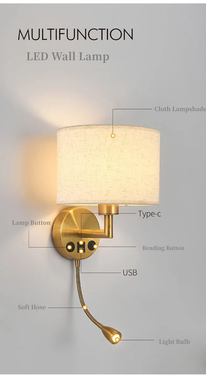Bedside Wall Lamp LED Fabric Lampshade With 3W 360° Rotation Spotlight Reading lights