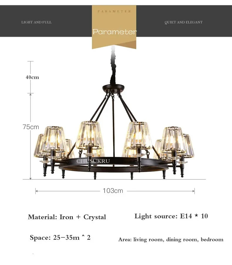Retro Matte Black Round Metal Led Chandelier Lustre K9 Crystal Shades Pendant Lights Lighting Hanging Lamps Room Decor Fixtures