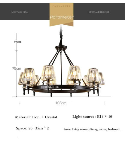 Retro Matte Black Round Metal Led Chandelier Lustre K9 Crystal Shades Pendant Lights Lighting Hanging Lamps Room Decor Fixtures