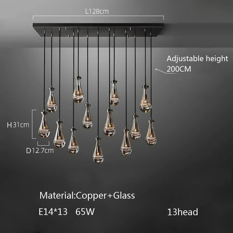 Luxury All Copper LED Pendant Light Modern Water drop Glass chandelier