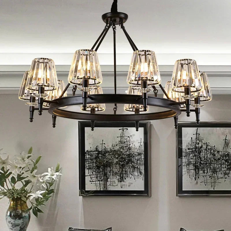 Retro Matte Black Round Metal Led Chandelier Lustre K9 Crystal Shades Pendant Lights Lighting Hanging Lamps Room Decor Fixtures