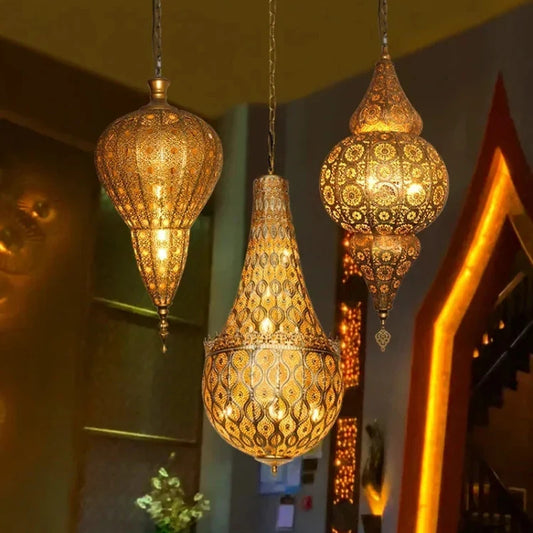 Vintage Antique Hollow Carving Hanging Lighting Southeast Asia Moroccan Pendant Light