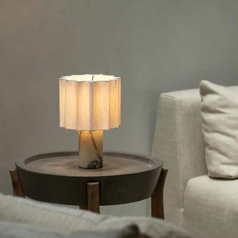 Moden Cylindrical Marble LED Table Lamps White Pleated Fabric Lampshade Living Room Bedroom Study Restaurant Reading Desk Lights