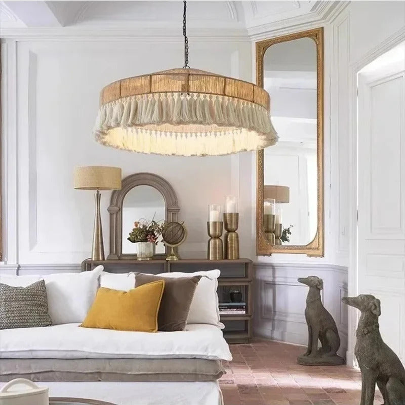 Wabi Sabi Style Retro Living Room Hemp Rope Pendant Light Bohemian Tassel Pendant Lamp