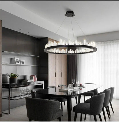 Modern Luxury Crystal Ring chandeliers Round black golden pendant lamp LED hanging light