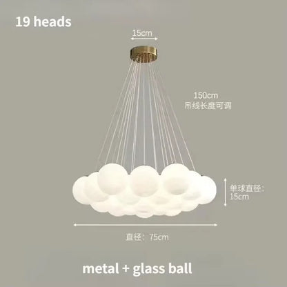 Lustre moderno em estilo creme com bolas de vidro branco, lustre criativo de bolhas LED para sala de estar e quarto, candeeiro nórdico com lua e planetas.