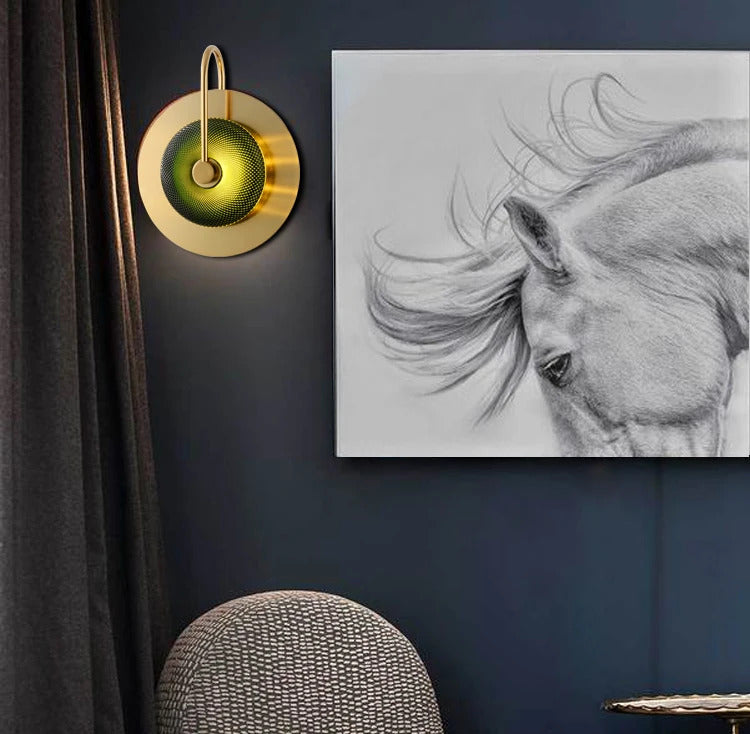 Nordic Retro round glass wall lamp Modern luxury metal plate Green Crystal wall light