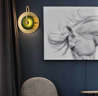 Nordic Retro round glass wall lamp Modern luxury metal plate Green Crystal wall light