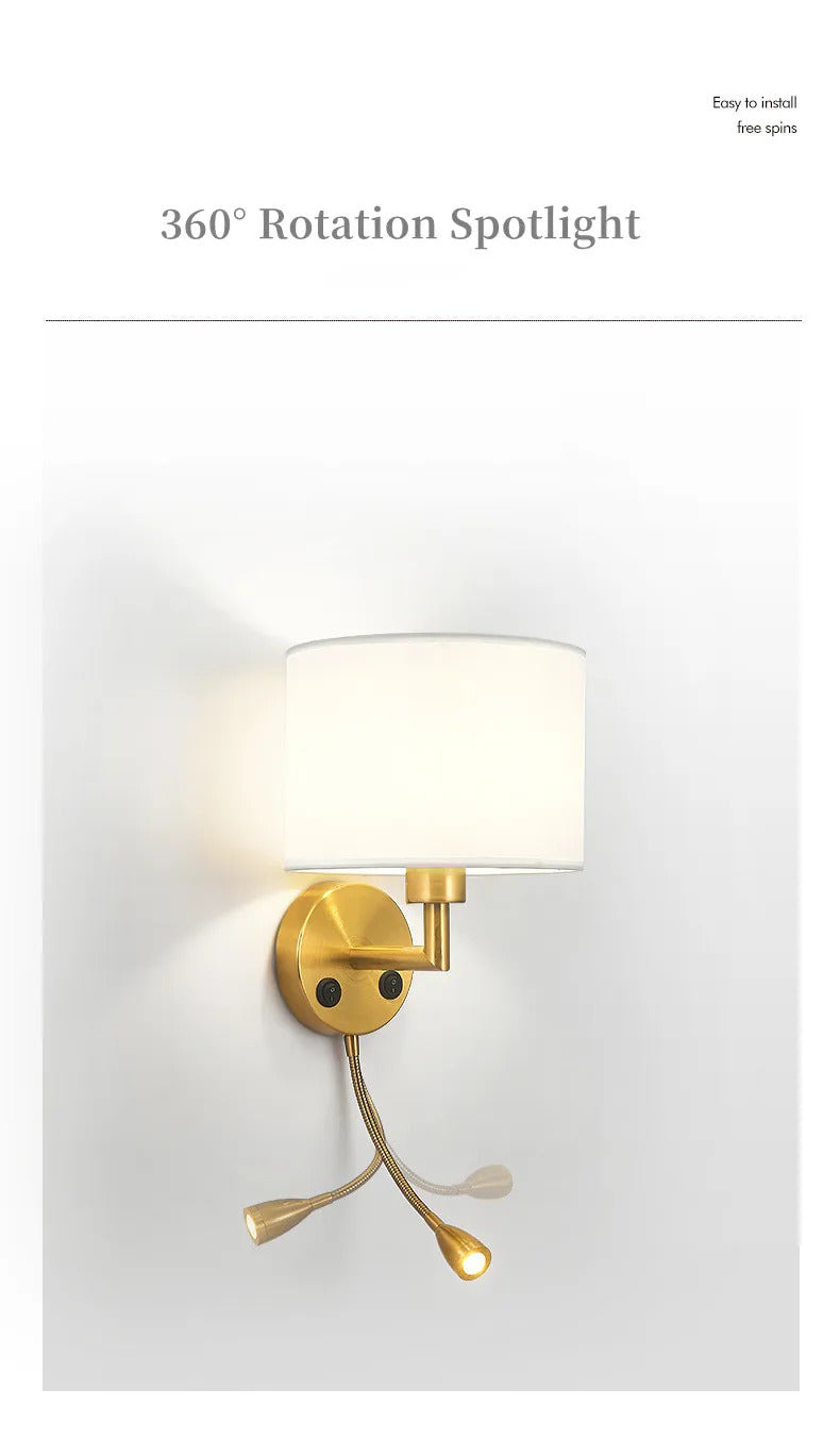 Bedside Wall Lamp LED Fabric Lampshade With 3W 360° Rotation Spotlight Reading lights