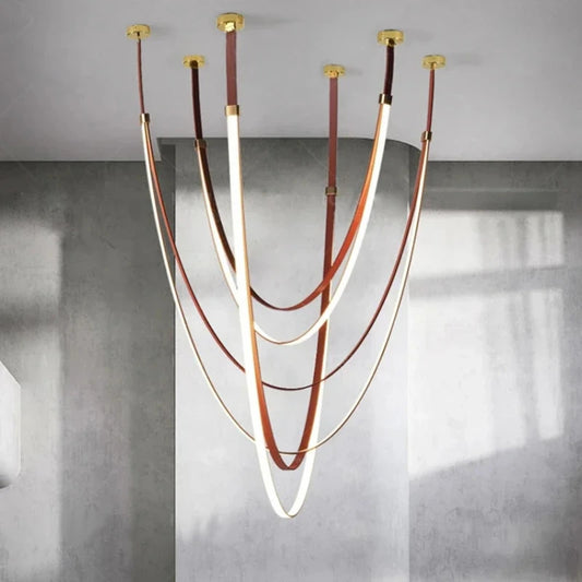 Nordic Leather Chandelier Designer Belt Pendant lamp for Living room Villa Hotel Duplex Building LED Staircase Hanging lamp