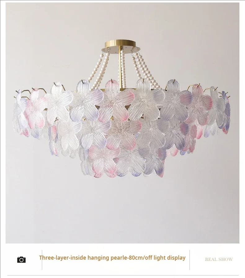French Flower Crystal Chandelier Lamp Luxury Pink Glass Cream Petal Pendant Lights Living Room Bedroom Dining Room lighting