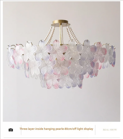 French Flower Crystal Chandelier Lamp Luxury Pink Glass Cream Petal Pendant Lights Living Room Bedroom Dining Room lighting