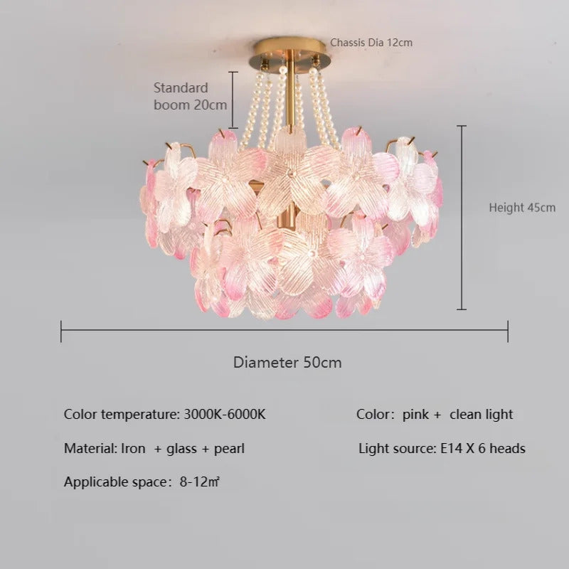 French Flower Crystal Chandelier Lamp Luxury Pink Glass Cream Petal Pendant Lights Living Room Bedroom Dining Room lighting