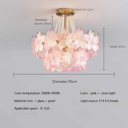 French Flower Crystal Chandelier Lamp Luxury Pink Glass Cream Petal Pendant Lights Living Room Bedroom Dining Room lighting