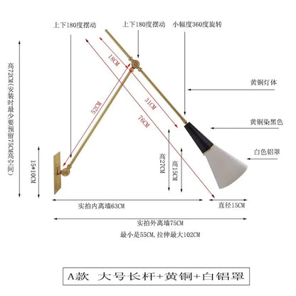 American Luxury Brass golden Wall Lamp Retro Swing Arm Adjustable Wall Light