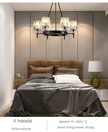 Retro Matte Black Round Metal Led Chandelier Lustre K9 Crystal Shades Pendant Lights Lighting Hanging Lamps Room Decor Fixtures