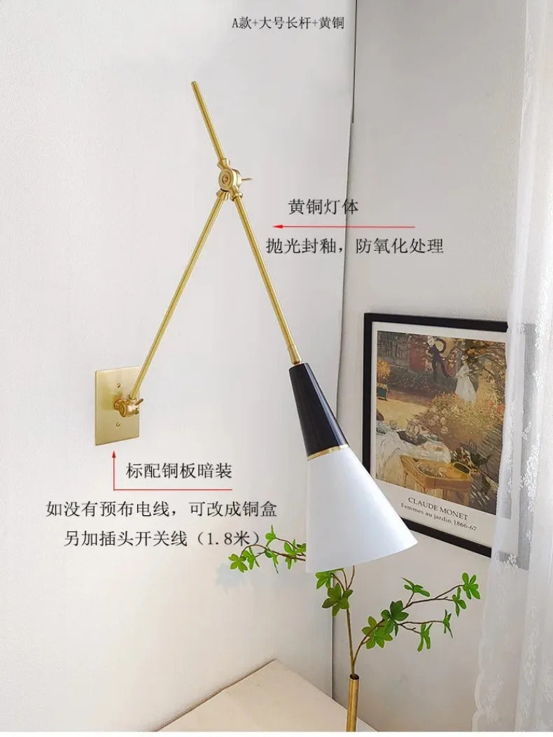 American Luxury Brass golden Wall Lamp Retro Swing Arm Adjustable Wall Light