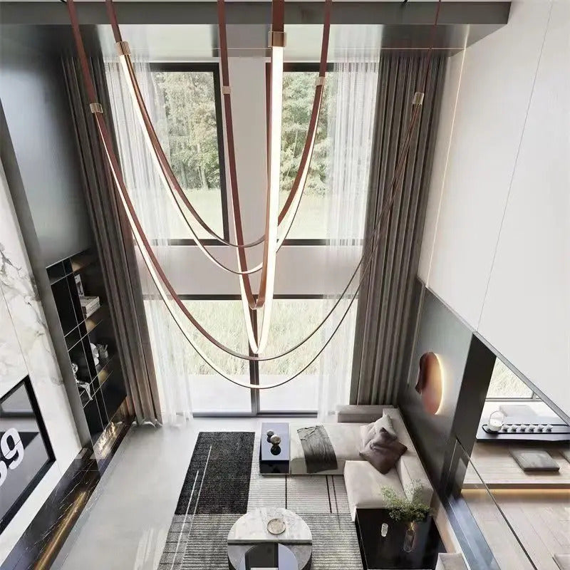 Nordic Leather Chandelier Designer Belt Pendant lamp for Living room Villa Hotel Duplex Building LED Staircase Hanging lamp