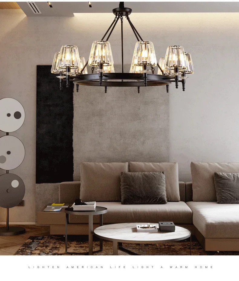 Retro Matte Black Round Metal Led Chandelier Lustre K9 Crystal Shades Pendant Lights Lighting Hanging Lamps Room Decor Fixtures