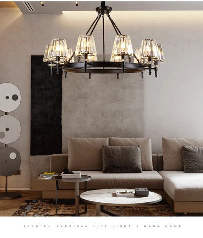 Retro Matte Black Round Metal Led Chandelier Lustre K9 Crystal Shades Pendant Lights Lighting Hanging Lamps Room Decor Fixtures