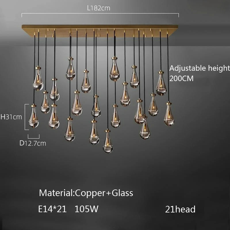 Luxury All Copper LED Pendant Light Modern Water drop Glass chandelier