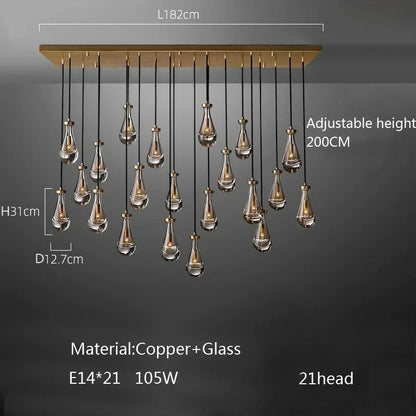 Luxury All Copper LED Pendant Light Modern Water drop Glass chandelier