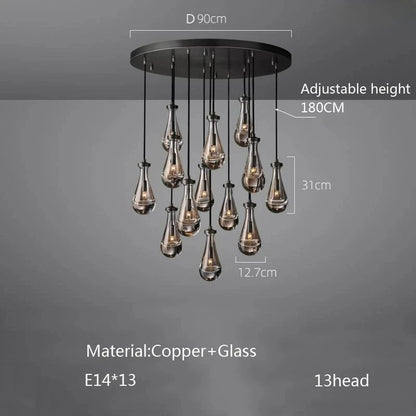 Luxury All Copper LED Pendant Light Modern Water drop Glass chandelier