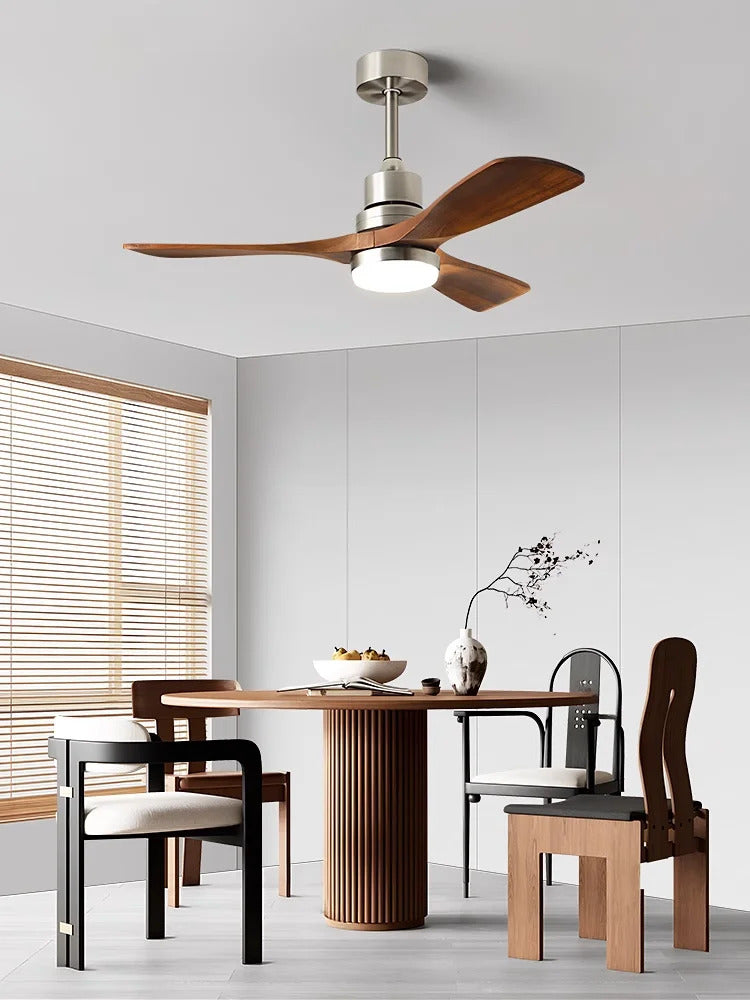 Nordic wooden Large Wind Ceiling Fan Light Retro Simple Solid walnut Electric Remote Fan lamp