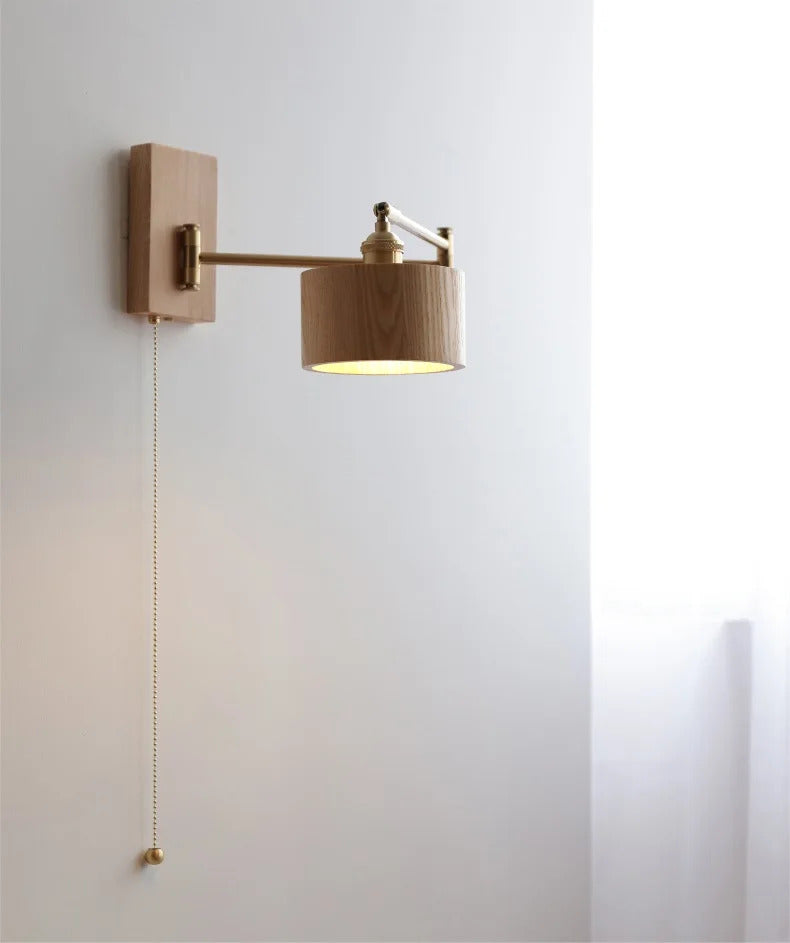 Retro Walnut Ash Wood LED Wall Lamp Copper Bedside Pull Chain Wall Light