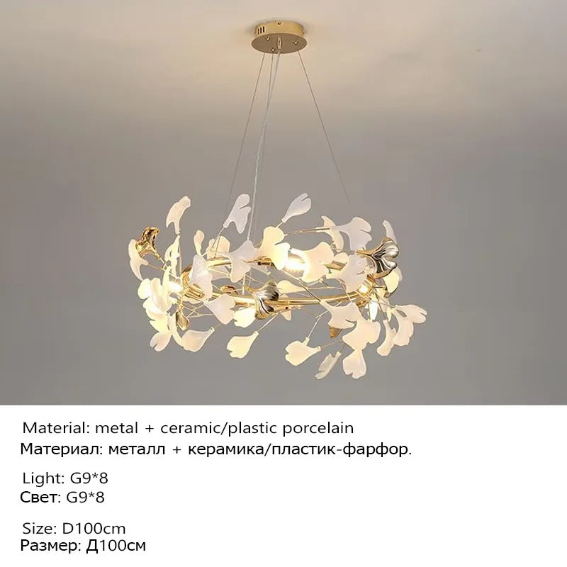 Luxury Ceramic Ginkgo Leaf Chandelier Gold Branches Chandelier