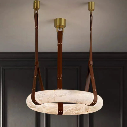 Hot selling high-end living room main light, round all copper leather pendant light, Spanish marble pendant light
