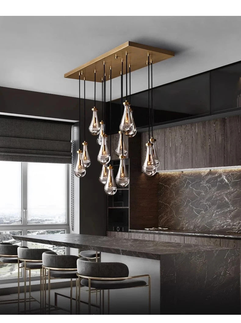 Luxury All Copper LED Pendant Light Modern Water drop Glass chandelier