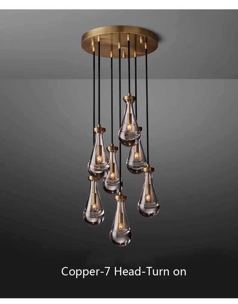 Luxury All Copper LED Pendant Light Modern Water drop Glass chandelier
