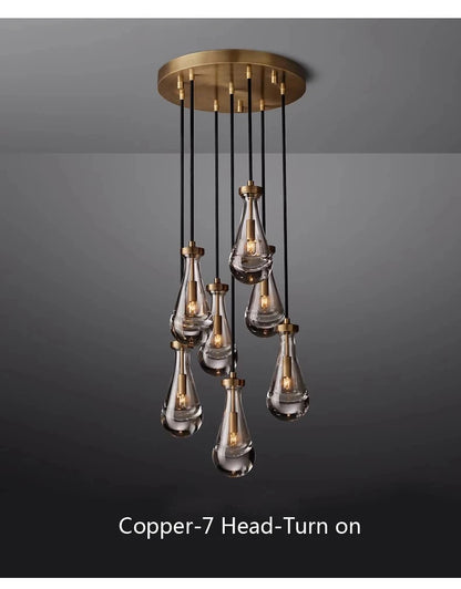 Luxury All Copper LED Pendant Light Modern Water drop Glass chandelier