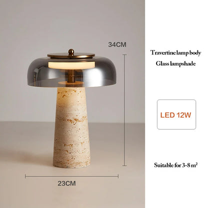 Modern Travertine Table Lamp Natural Stone LED Desk Lamp Indoor Decor Lighting Bedroom Living Room Study Matte Glass Lampshade