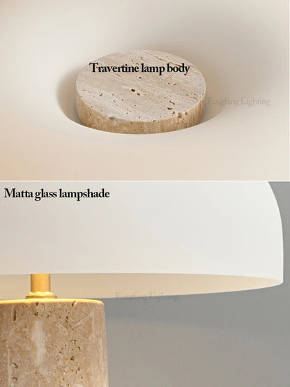 Modern Travertine Table Lamp Natural Stone LED Desk Lamp Indoor Decor Lighting Bedroom Living Room Study Matte Glass Lampshade