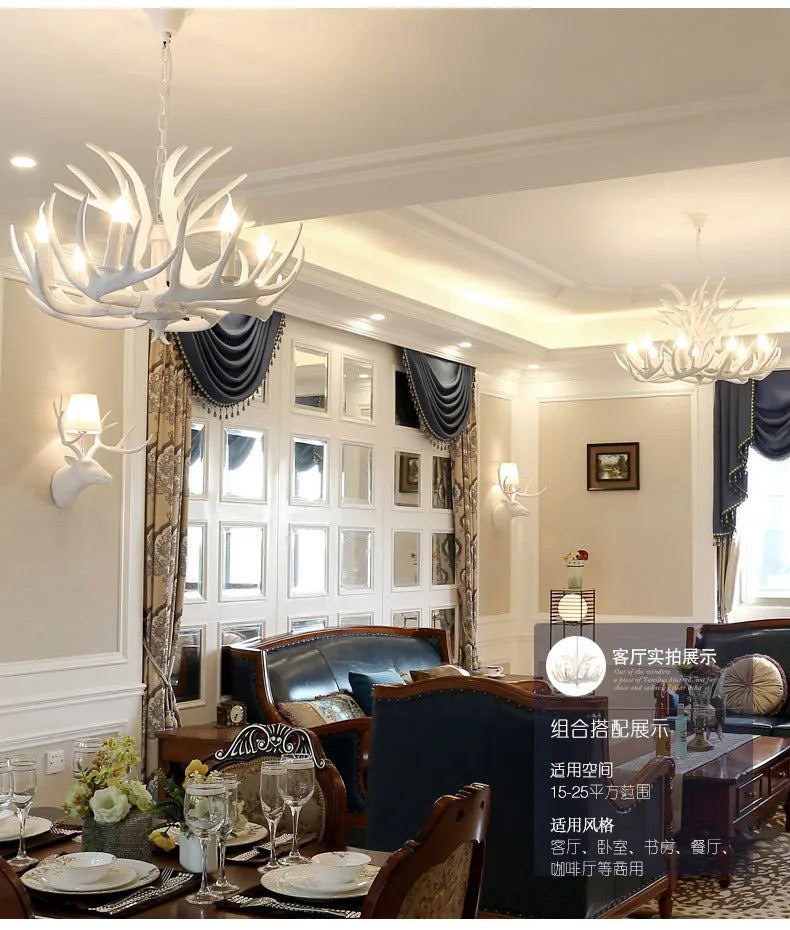 Retro Antler Chandelier Lighting Resin Deer Horn Pendant Lamp