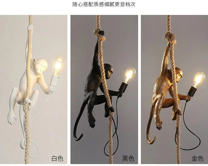 Art creative monkey Pendant lamp White black Resin animal hemp rope wall lamp