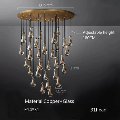 Luxury All Copper LED Pendant Light Modern Water drop Glass chandelier