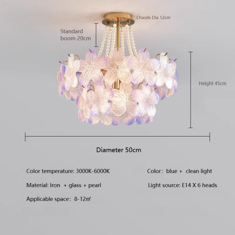 French Flower Crystal Chandelier Lamp Luxury Pink Glass Cream Petal Pendant Lights Living Room Bedroom Dining Room lighting