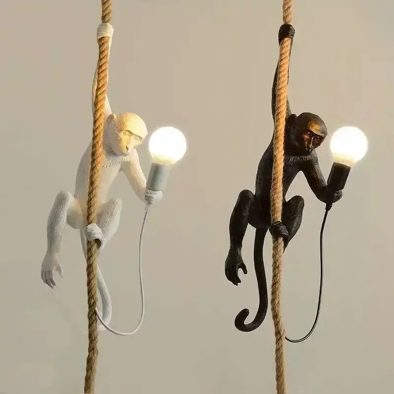 Art creative monkey Pendant lamp White black Resin animal hemp rope wall lamp